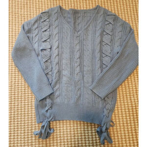 Women's Unbranded Soft Blue Cable Knit LaceUp Spring V-Neck Sweater M